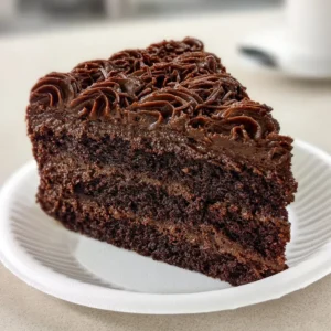Delicious slice of decadent chocolate cake topped with chocolate frosting