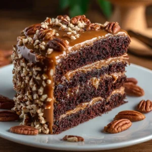 Decadent chocolate caramel pecan cake with rich layers and drizzled sauce