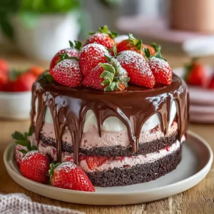 Decadent strawberry chocolate cake topped with fresh strawberries and chocolate icing