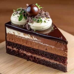 Decadent triple chocolate mousse cake topped with chocolate shavings and berries