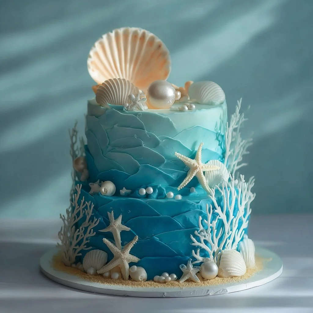Beautifully decorated deep sea cake with ocean themes and vibrant colors.