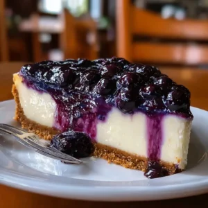 Fresh blueberry cheesecake topped with ripe blueberries and creamy filling.
