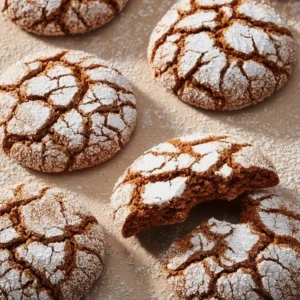 Freshly baked Gingerbread Crinkle Cookies with powdered sugar dusting