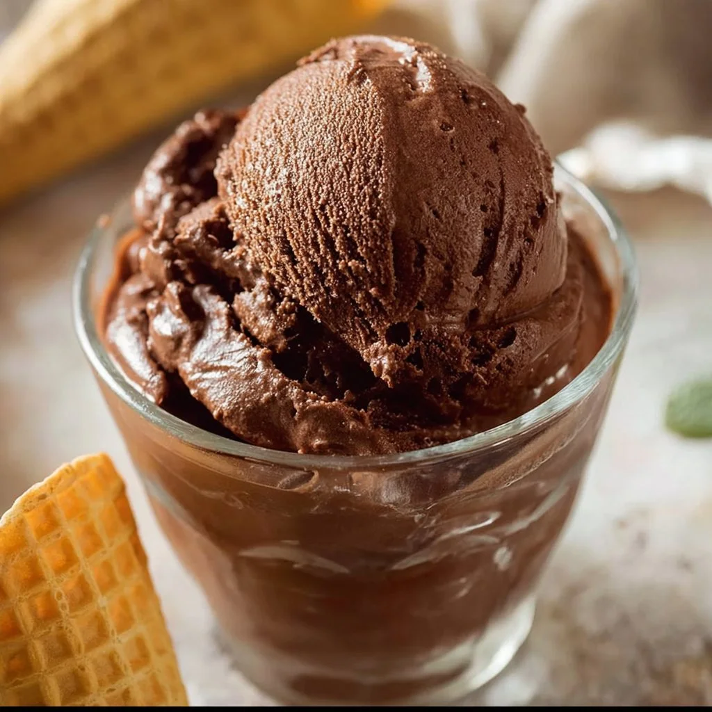 Creamy Greek chocolate yogurt served in a bowl with a spoon.