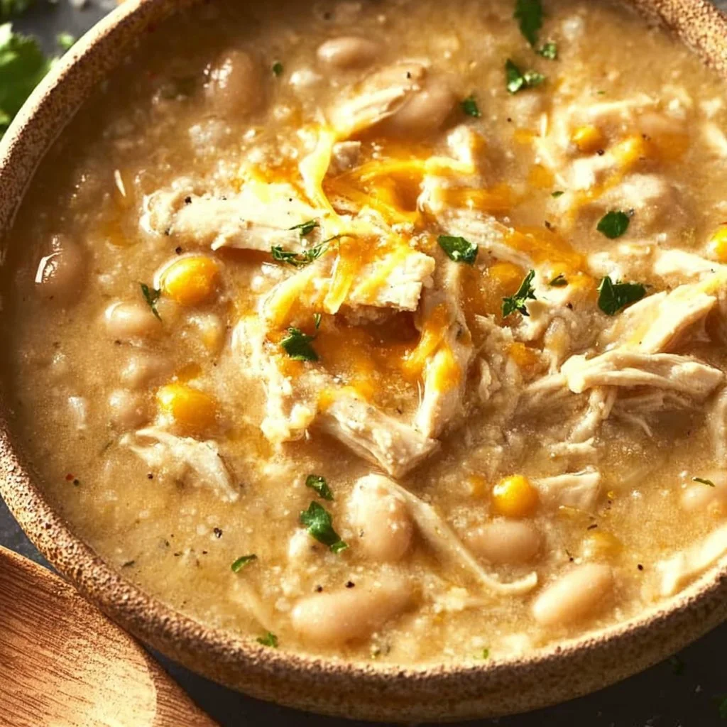 Bowl of healthy white chicken chili topped with cilantro and avocado