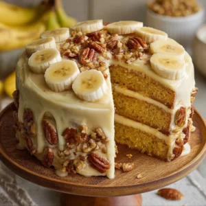 Heavenly Banana Walnut Cream Cloud Cake topped with nuts and creamy frosting
