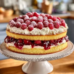 Slice of Heavenly White Chocolate Raspberry Cake with fresh raspberries on top
