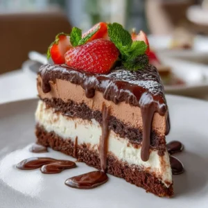 Homemade chocolate layered cheesecake topped with mousse and ganache.