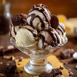 Bowl of homemade Moose Tracks Ice Cream with chocolate fudge swirls.