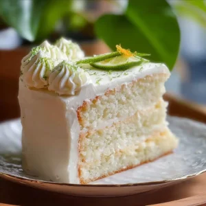 Delicious Key Lime Cake with Key Lime Cream Cheese Frosting on a decorative plate