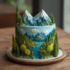 Beautifully crafted landscape cake showcasing nature-inspired decorations