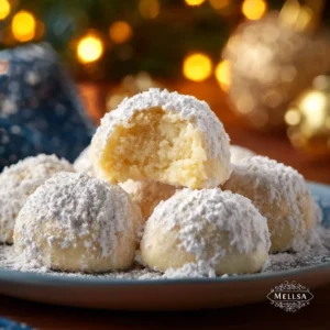 Lemon Cream Snowball Cookies dusted with powdered sugar on a plate