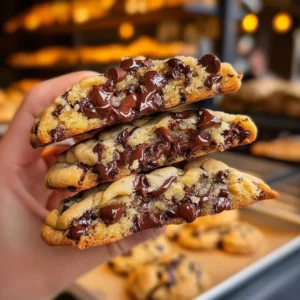 Freshly baked Levain Bakery chocolate chip cookies with gooey chocolate chips