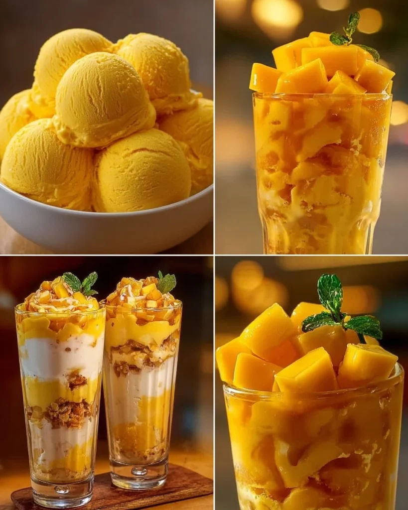 A variety of mango desserts including cakes, puddings, and ice cream.