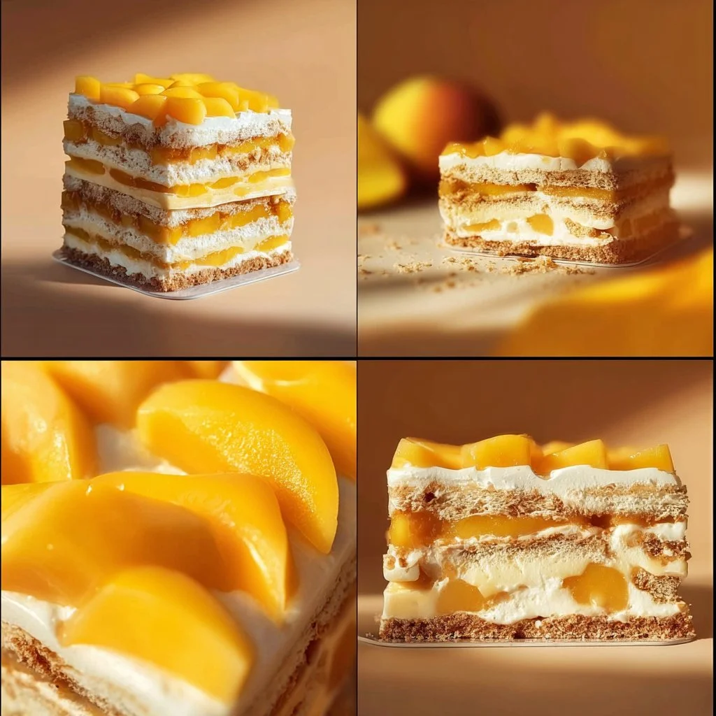 Mango Graham refrigerator cake layered with fresh mango and graham crackers.