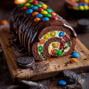 M&M's Ferrero Oreo Cake Roll decorated with chocolate and M&M's toppings