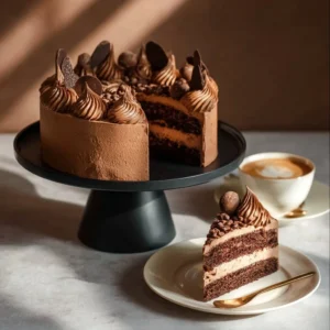 Delicious Mocha Chocolate Mousse Cake topped with chocolate shavings