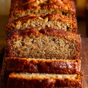 Freshly baked moist banana bread with slices on a wooden table