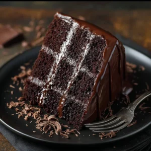 Delicious moist chocolate cake topped with chocolate frosting and sprinkles.