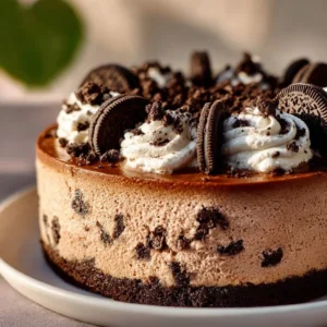 Delicious no-bake cookies and cream mousse cake topped with cookie crumbles