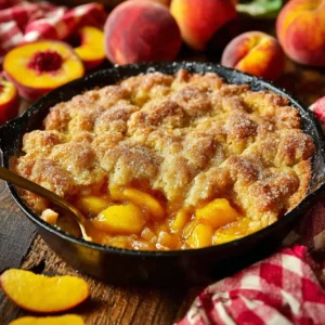 Delicious homemade peach cobbler served warm with ice cream