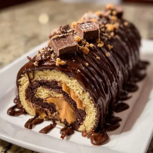Peanut Butter Cup Chocolate Roll Cake with creamy peanut butter filling and chocolate frosting