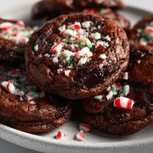 Delicious peppermint brownie cookies topped with chocolate and mint sprinkles