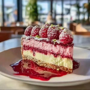 Delicious Pistachio Raspberry Cheesecake with a crunchy crust and vibrant colors
