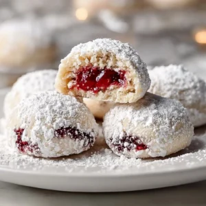 Raspberry Almond Snowball Cookies dusted with powdered sugar on a plate