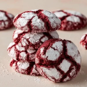 Delicious red velvet crinkle cookies with powdered sugar coating on a white plate.
