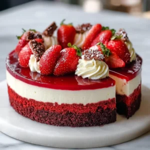 Slice of Red Velvet Strawberry Cheesecake topped with fresh strawberries