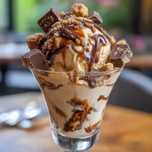 Delicious Snickers and Reese's cookie dough ice cream sundae with toppings.