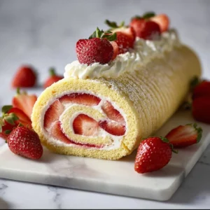 Delicious homemade Strawberry Swiss Roll dessert with fresh strawberries.