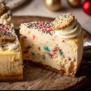 Deliciously creamy Sugar Cookie Cheesecake topped with cookie crumbles