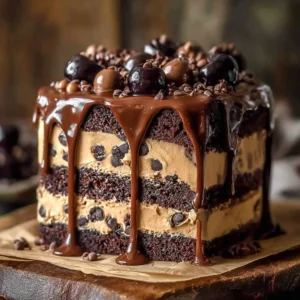Summer Cookie Dough Brownie Cake topped with cookie dough and chocolate drizzle