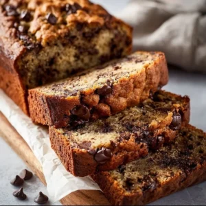 Super moist chocolate chip banana bread with melted chocolate and ripe bananas