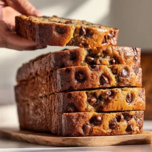 Slice of super moist chocolate chip banana bread on a wooden table