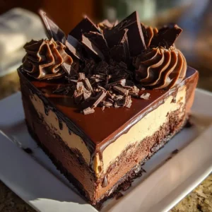 Slice of triple chocolate cheesecake garnished with chocolate shavings