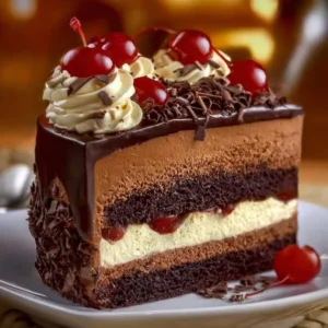 Delicious triple chocolate mousse cake with layers of rich chocolate flavor