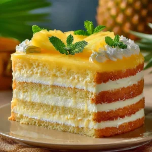 Tropical Pineapple Bliss Cake topped with fresh pineapple and coconut flakes