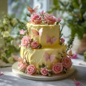 Whimsical Butterfly Blossom Cake decorated with vibrant flowers and butterfly designs