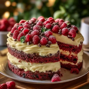 Delicious White Chocolate Raspberry Dream Cake topped with fresh berries