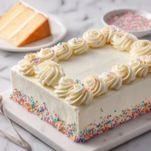 Delicious slice of White Texas Sheet Cake with creamy frosting on a plate