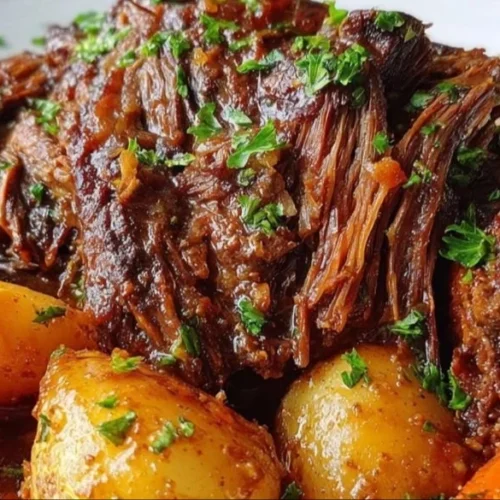 Delicious 5-star pot roast cooked in a slow cooker, served on a plate.