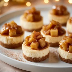 Delicious Apple Crisp Mini Cheesecakes topped with spiced apples and crumbly crisp.