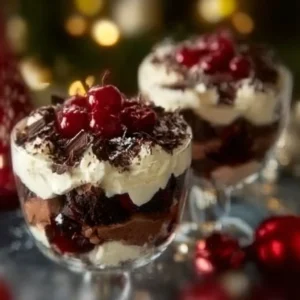 Delicious Black Forest Trifle with layers of chocolate, cherries, and cream