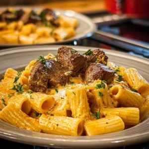 Cajun steak tips served with cheesy rigatoni on a plate