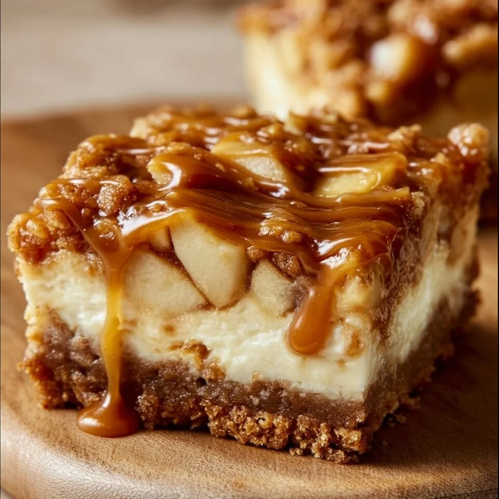 Delicious caramel apple cheesecake bars topped with caramel drizzle.