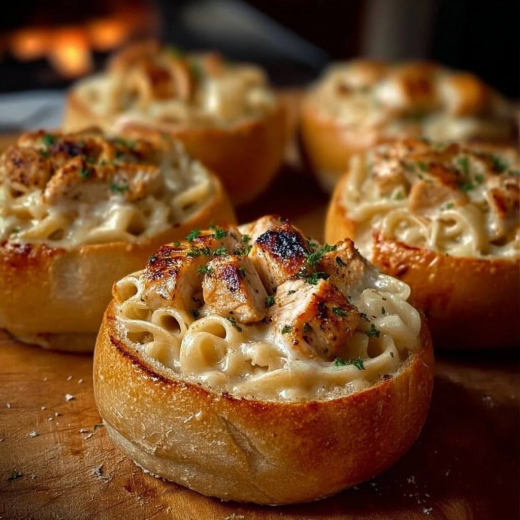 Delicious Chicken Alfredo Garlic Bread Bowls topped with herbs and cheese