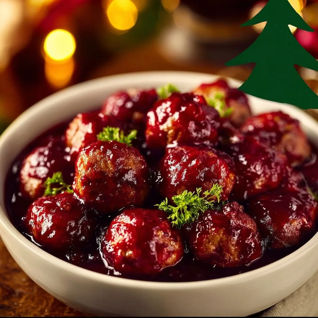 Delicious Christmas Cranberry Meatballs served on a festive platter